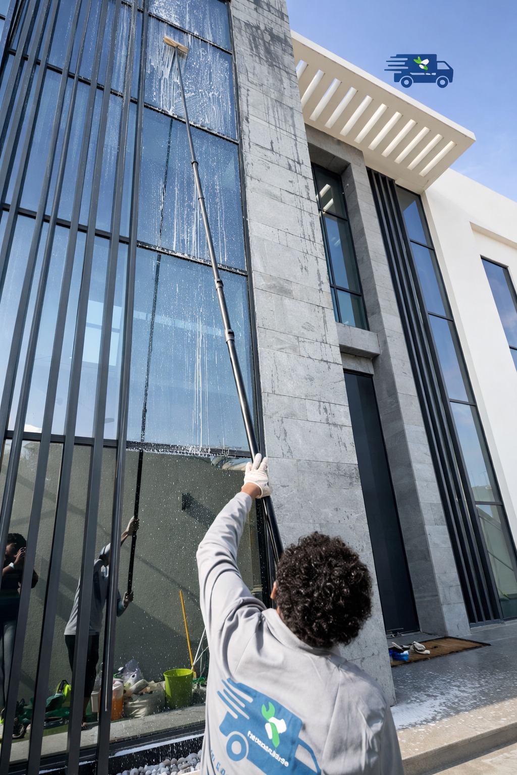 Snow White worker cleaning building exterior glass facade